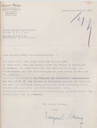 Schreiben Irmgard Meinig an den Verwaltungsdirektor des Hessischen Staatstheaters, 30. Juni 1956
