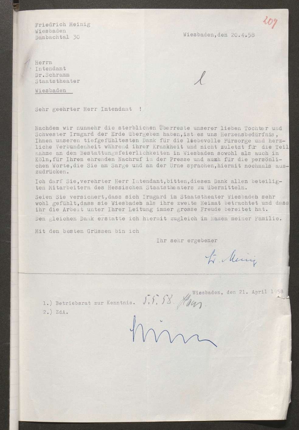 Schreiben Friedrich Meinig an Intendant Dr. Schramm, 20. April 1958